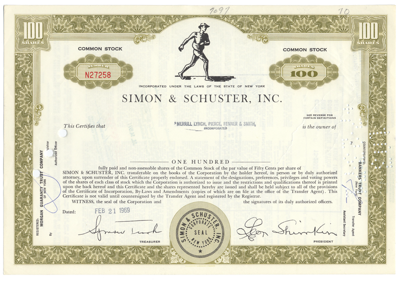 Simon & Schuster, Inc. Stock Certificate
