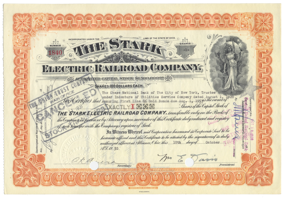 Stark Electric Railroad Company Stock Certificate