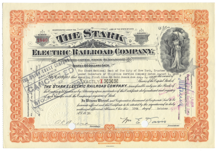 Stark Electric Railroad Company Stock Certificate