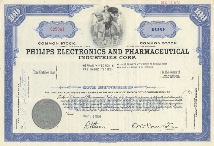 Philips Electronics and Pharmaceutical Industries Corp. Stock Certificate