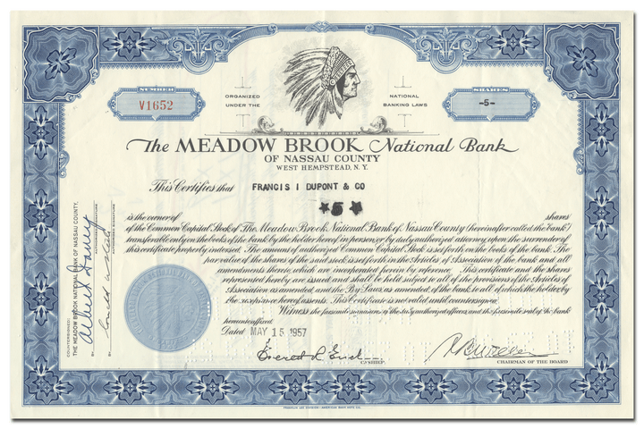 Meadow Brook National Bank of Nassau County Stock Certificate