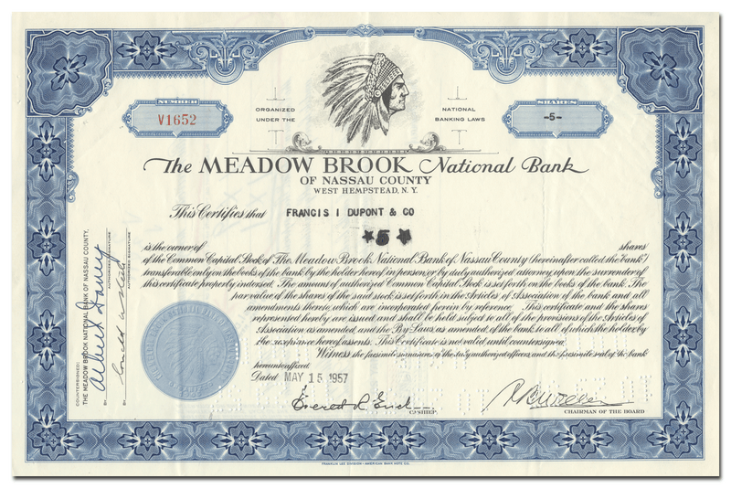 Meadow Brook National Bank of Nassau County Stock Certificate