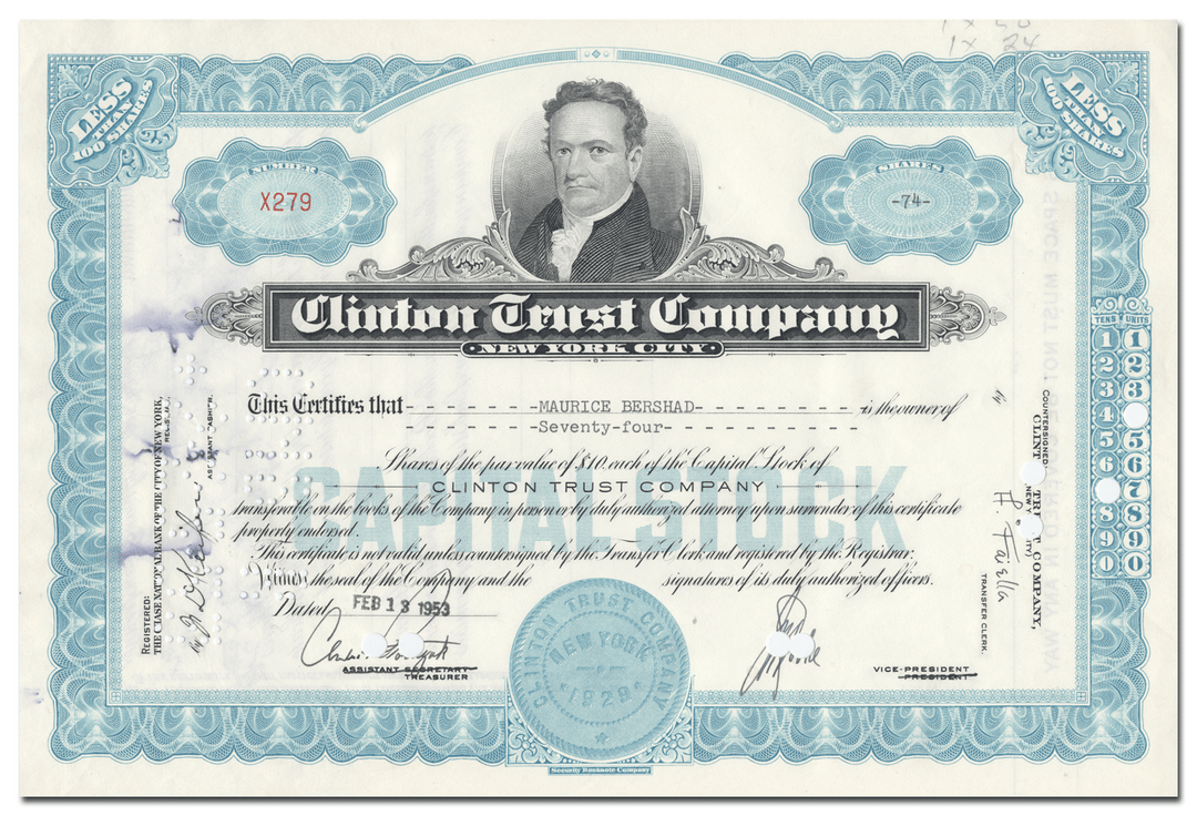 Clinton Trust Company Stock Certificate