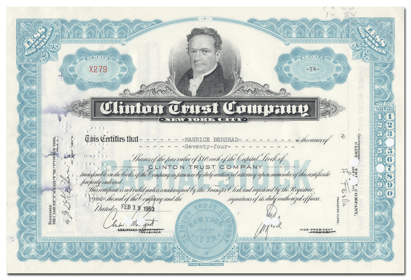 Clinton Trust Company Stock Certificate