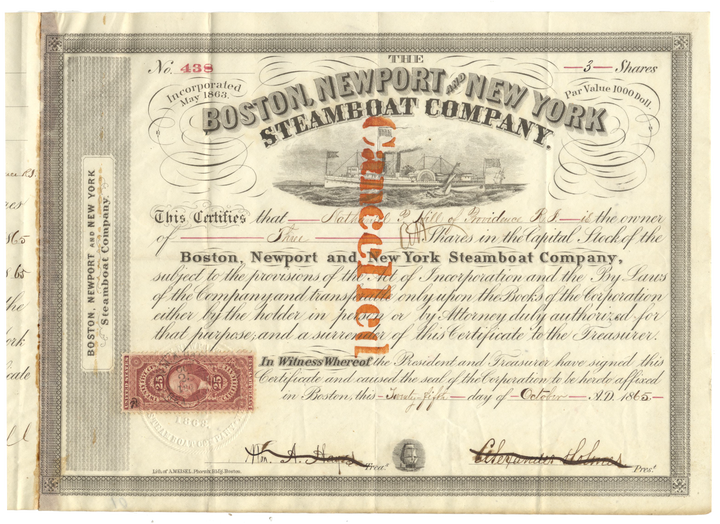 Boston, Newport and New York Steamboat Company Stock Certificate