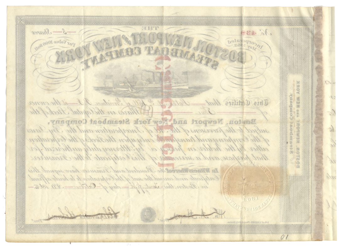 Boston, Newport and New York Steamboat Company Stock Certificate