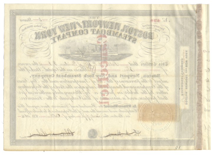 Boston, Newport and New York Steamboat Company Stock Certificate