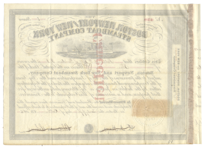 Boston, Newport and New York Steamboat Company Stock Certificate