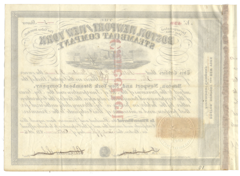 Boston, Newport and New York Steamboat Company Stock Certificate