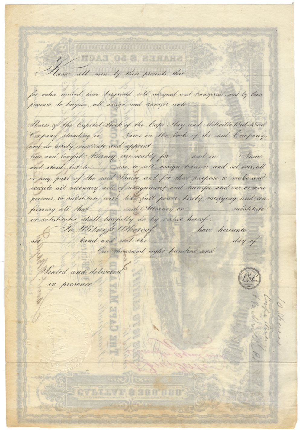 Cape May & Millville Rail Road Company Stock Certificate