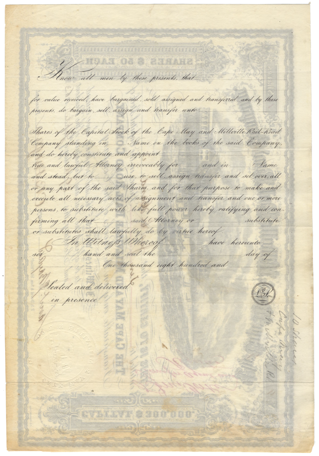 Cape May & Millville Rail Road Company Stock Certificate