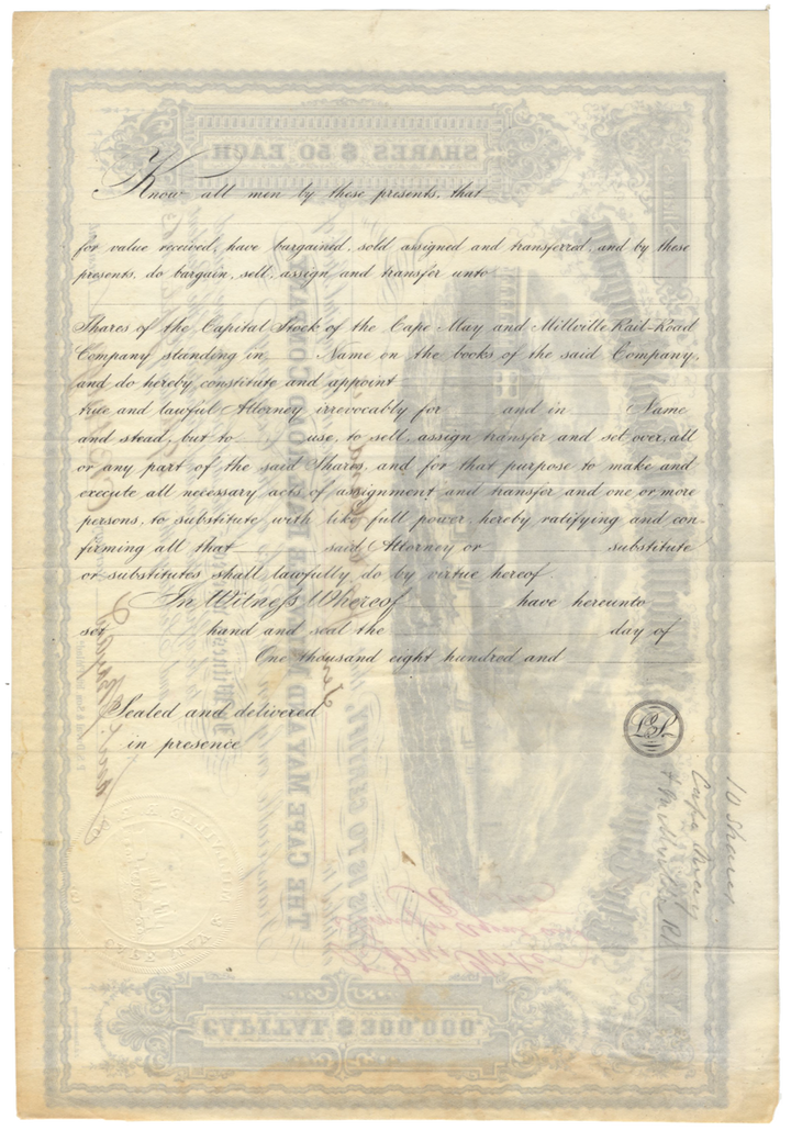 Cape May & Millville Rail Road Company Stock Certificate