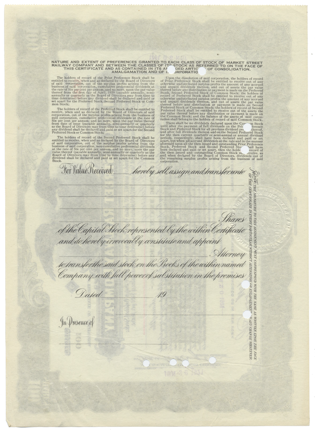 Market Street Railway Stock Certificate