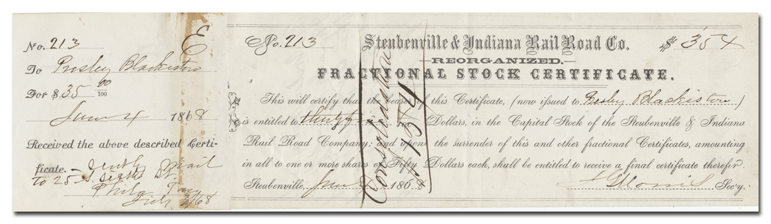 Steubenville & Indiana Rail Road Co. Stock Certificate