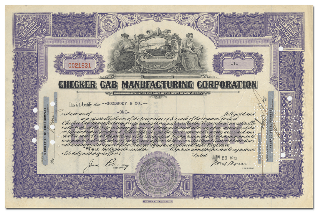 Checker Cab Manufacturing Corporation Stock Certificate