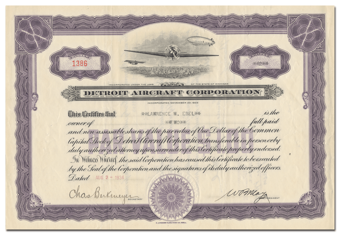 Detroit Aircraft Corporation Stock Certificate