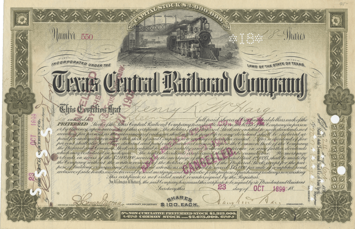 Texas Central Railroad Company Stock Certificate