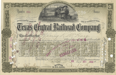 Texas Central Railroad Company Stock Certificate