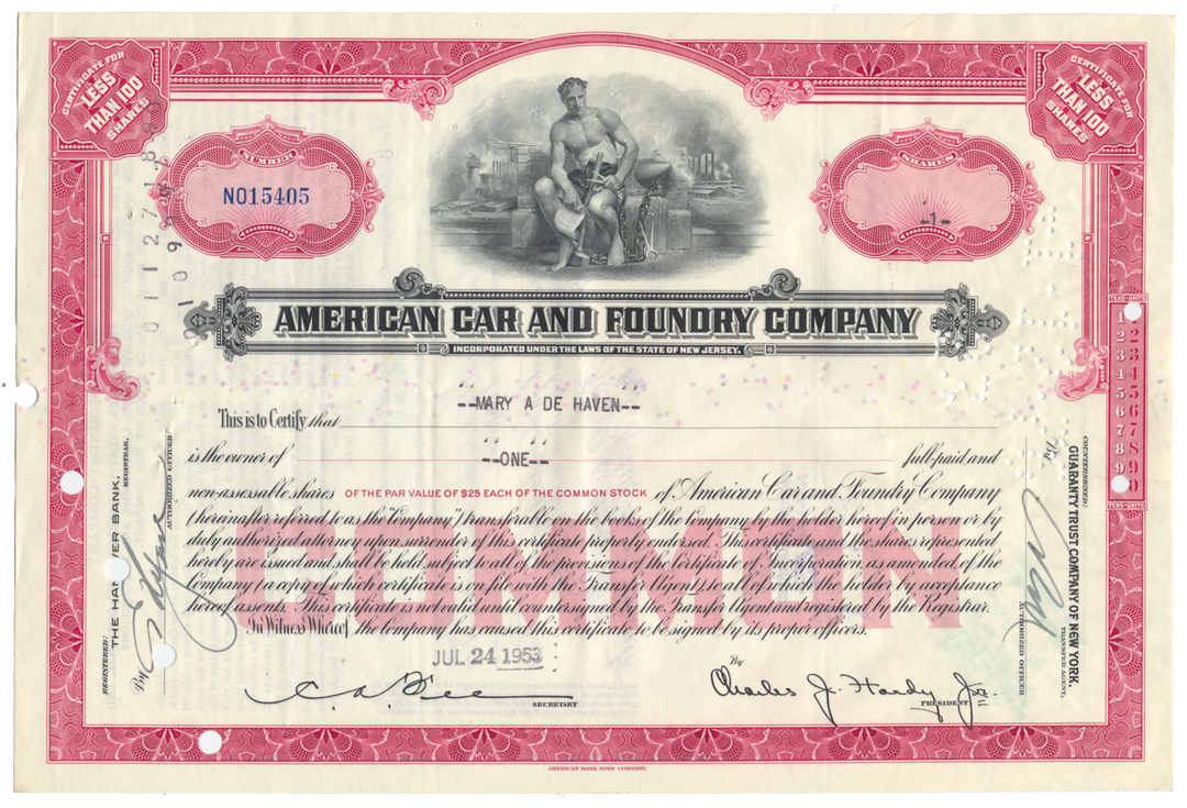 American Car and Foundry Company Stock Certificate