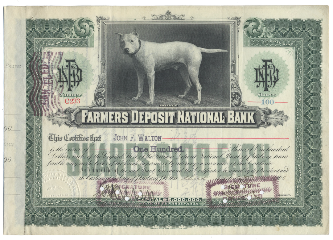 Farmers Deposit National Bank Stock Certificate