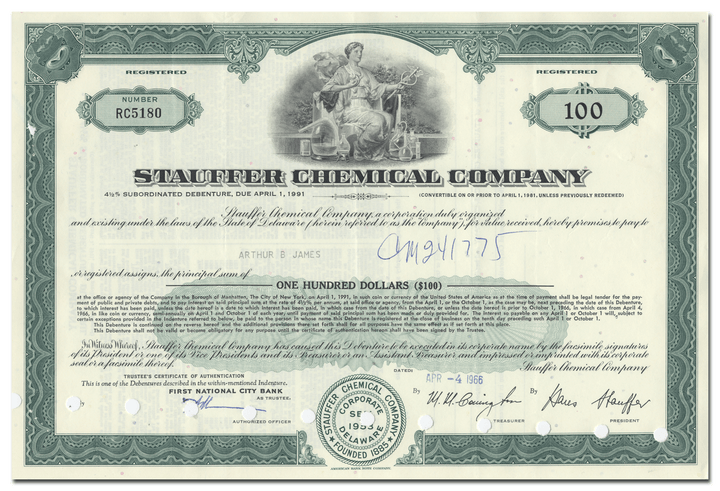 Stauffer Chemical Company Bond Certificate