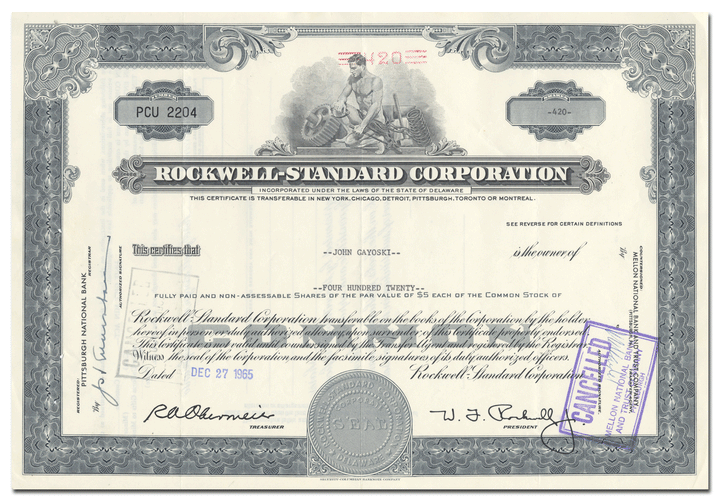 Rockwell - Standard Corporation Stock Certificate