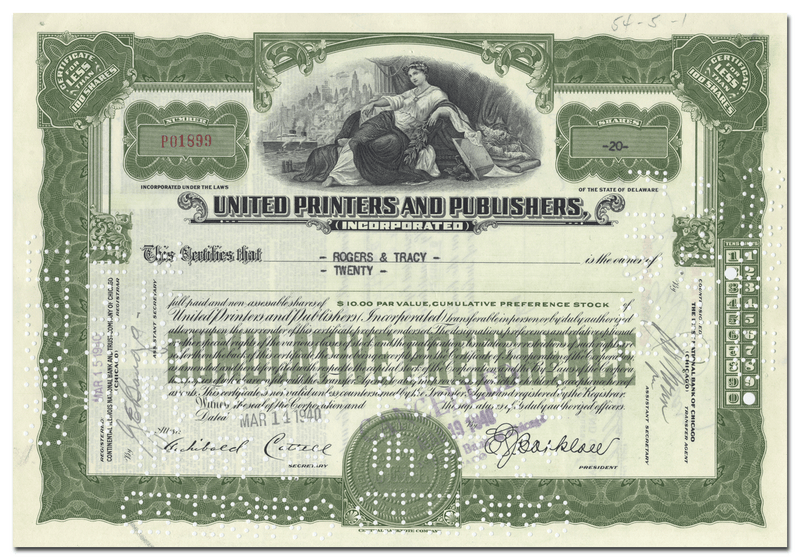 United Printers and Publishers Incorporated Stock Certificate