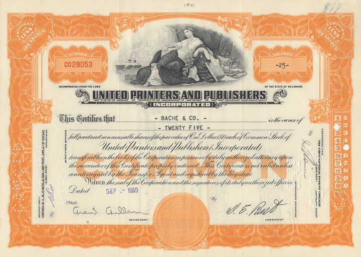 United Printers and Publishers Incorporated Stock Certificate