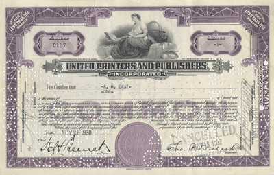 United Printers and Publishers Incorporated Stock Certificate