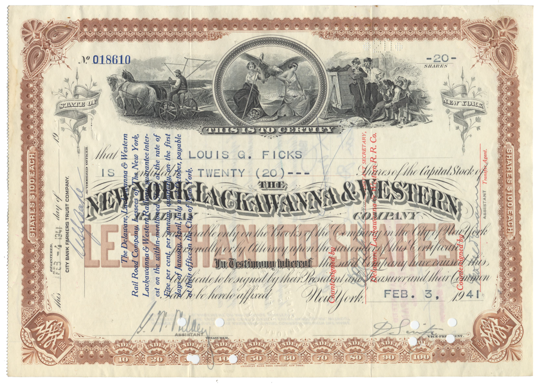 New York, Lackawanna and Western Railway Company Stock Certificate