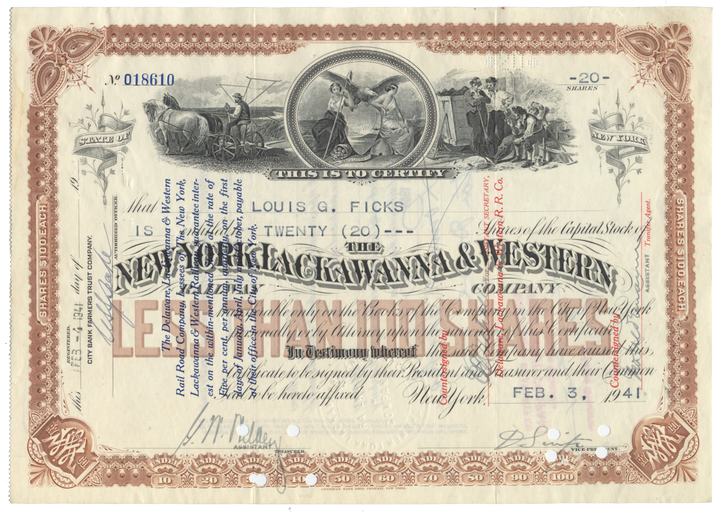 New York, Lackawanna and Western Railway Company Stock Certificate