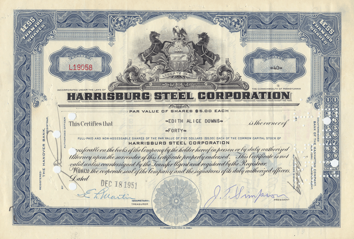 Harrisburg Steel Corporation Stock Certificate