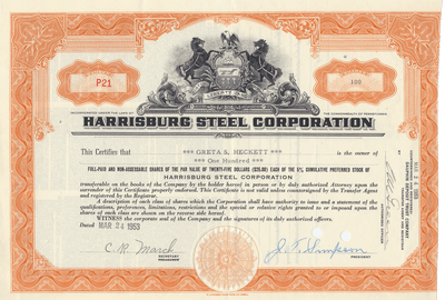 Harrisburg Steel Corporation Stock Certificate
