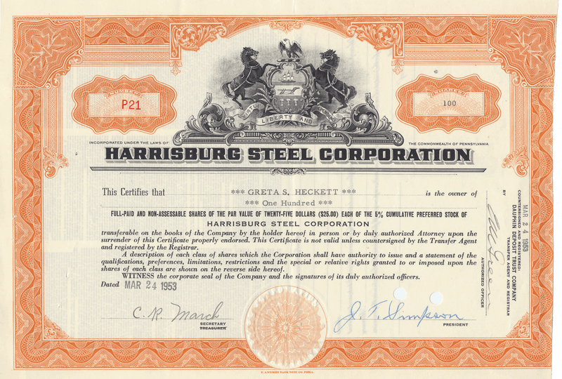 Harrisburg Steel Corporation Stock Certificate