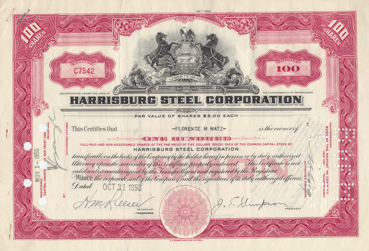 Harrisburg Steel Corporation Stock Certificate