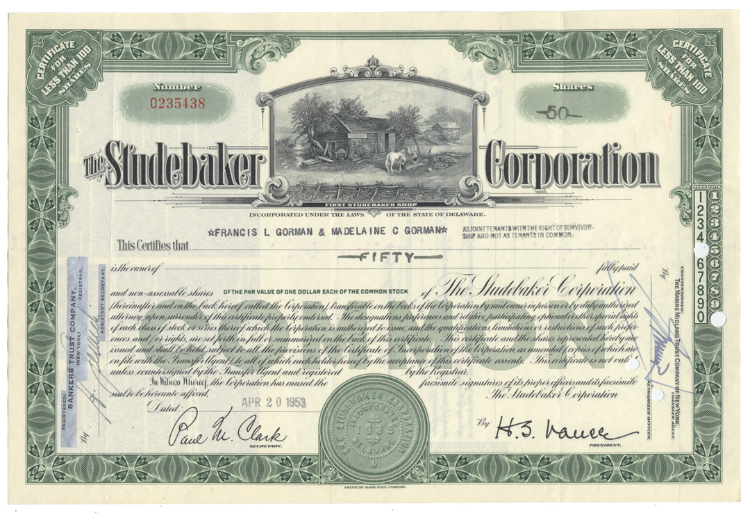 Studebaker Corporation Stock Certificate