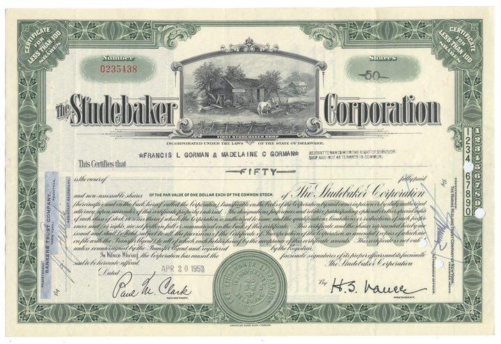 Studebaker Corporation Stock Certificate