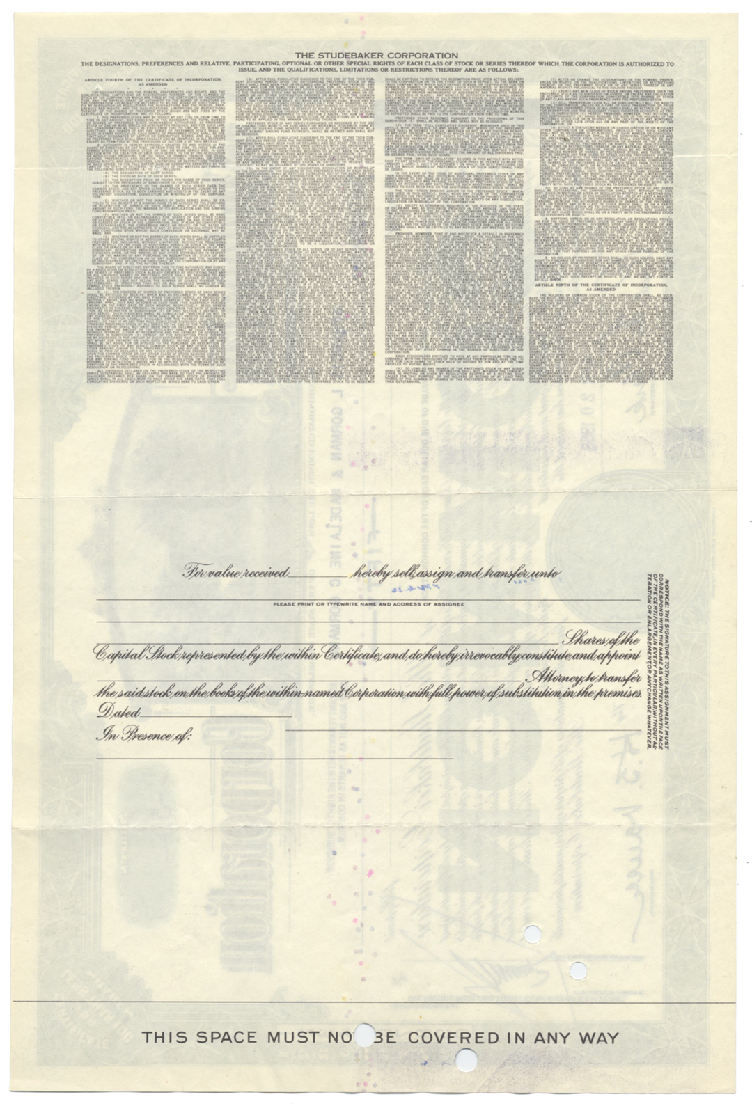 Studebaker Corporation Stock Certificate