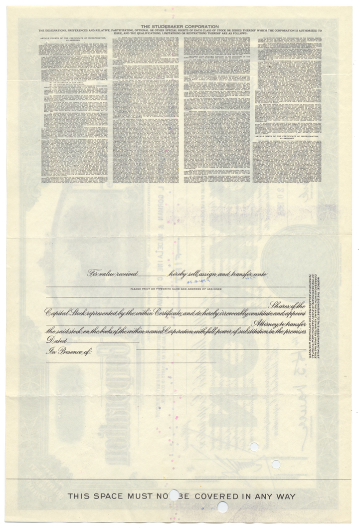 Studebaker Corporation Stock Certificate