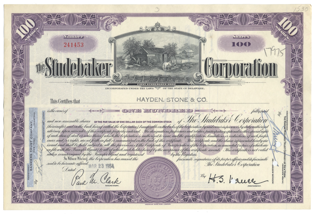 Studebaker Corporation Stock Certificate