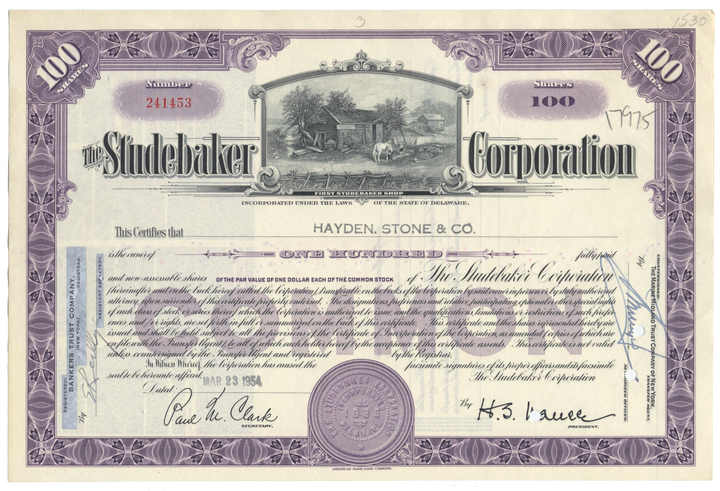 Studebaker Corporation Stock Certificate