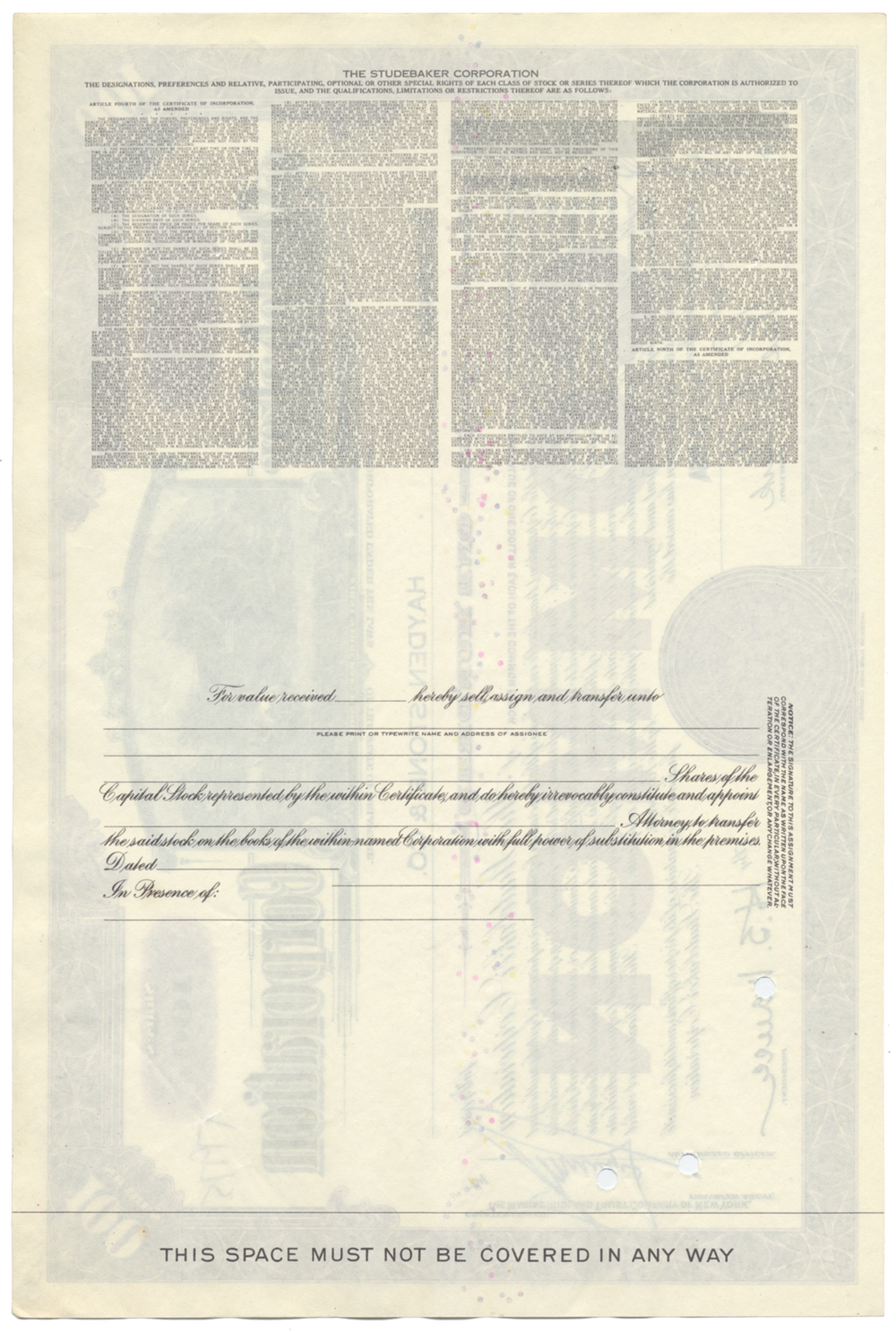 Studebaker Corporation Stock Certificate