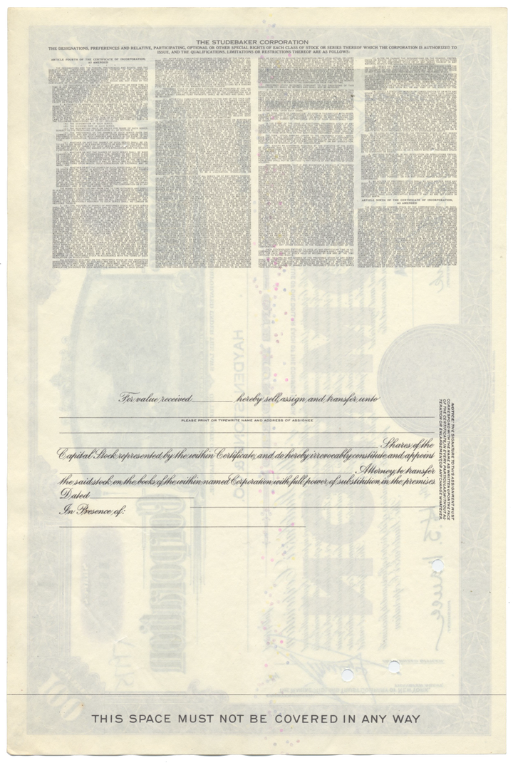 Studebaker Corporation Stock Certificate