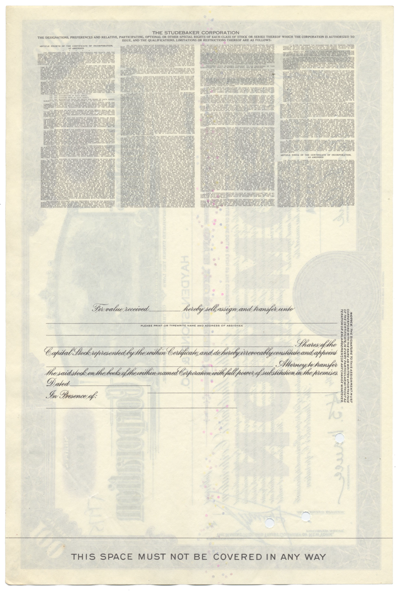 Studebaker Corporation Stock Certificate