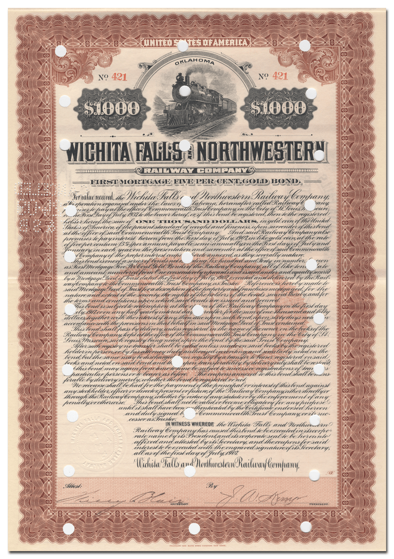 Wichita Falls and Northwestern Railway Company Bond Certificate