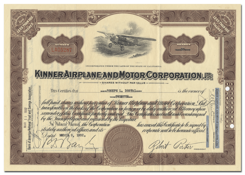 Kinner Airplane and Motor Corporation, Ltd. Stock Certificate
