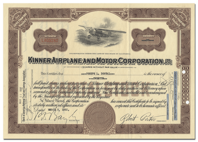 Kinner Airplane and Motor Corporation, Ltd. Stock Certificate