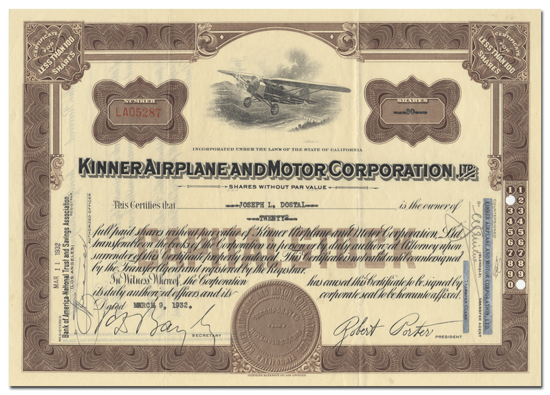 Kinner Airplane and Motor Corporation, Ltd. Stock Certificate