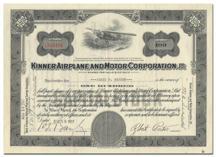 Kinner Airplane and Motor Corporation, Ltd. Stock Certificate