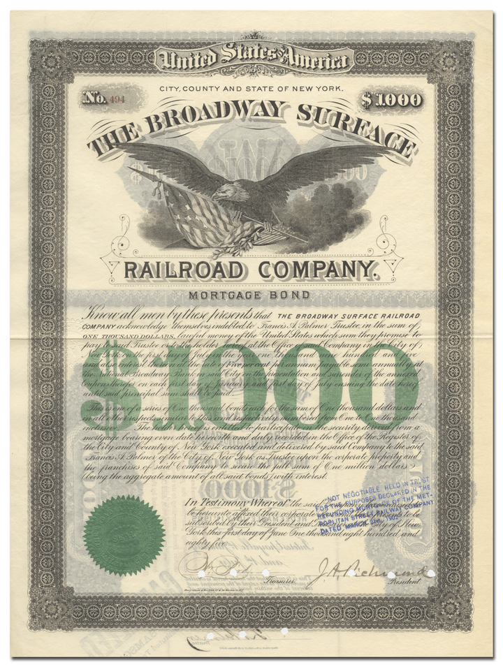 Broadway Surface Railroad Company Bond Certificate